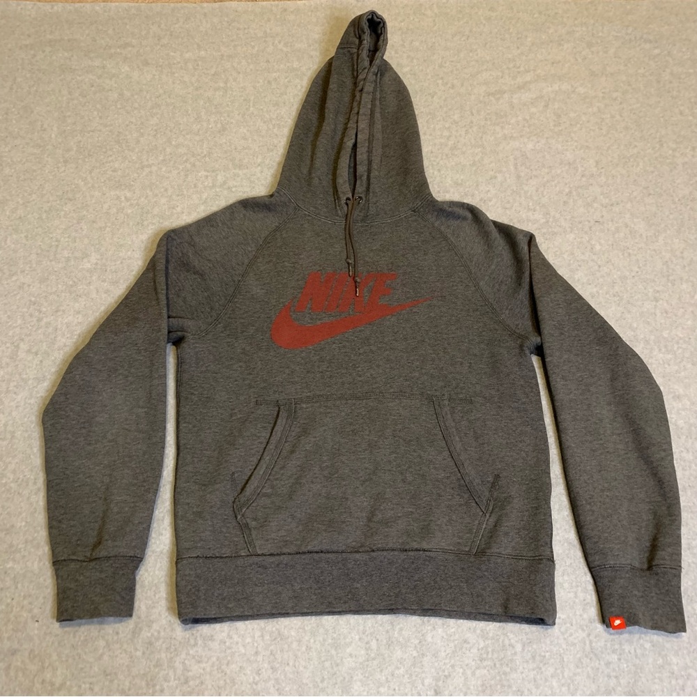Vintage Nike Hoodie Sweatshirt Gray Pullover Drawstring Graphic Logo Size Small